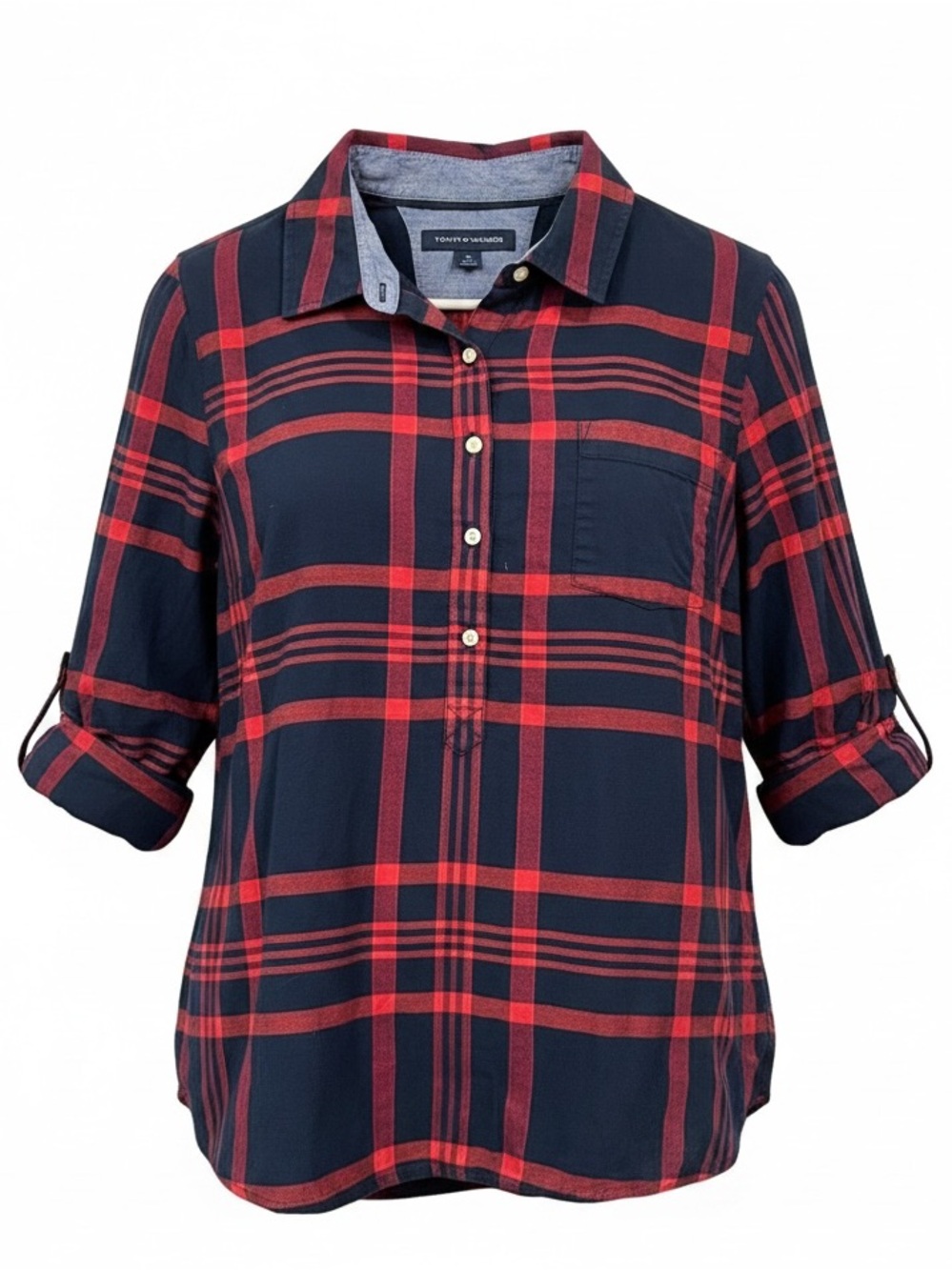 Tommy Hilfiger Plaid Popover Shirt Red Navy Cotton lightweight Sz L ivy cabin